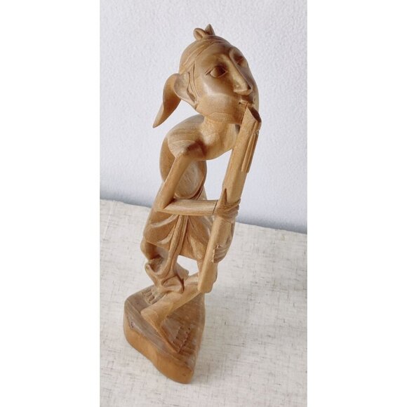 MCM Indonesian Carved Pair 14" Wooden Sculptures Musicians Windpipes 50s-60s - Picture 9 of 13